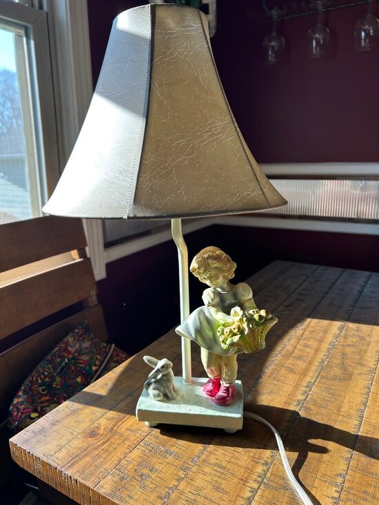 Other - Vintage Apple Basket  Girl & Rabbit Table   Lamp  ceramic    girl holding basket